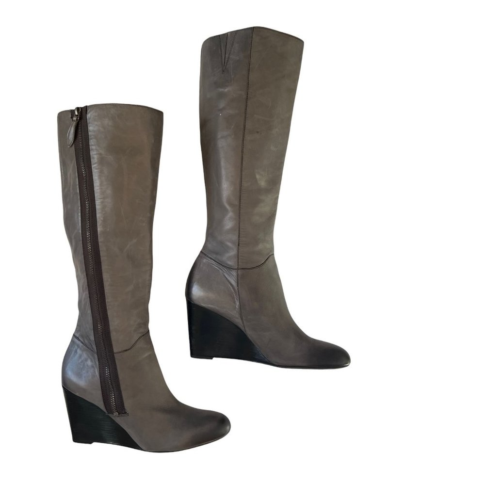Franco Sarto A-Osteria Grey Leather Wedge Asymmetrical Zip Boots Size 11 - Picture 13 of 15